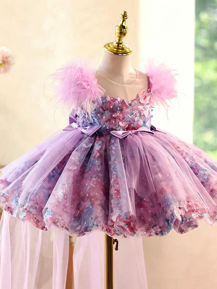 Luxury Purple Flower Girl Dress with Feather Sleeves Girls High Low Floral Tulle Pageant Party Gown D282