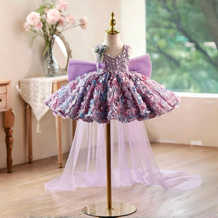 Luxury Purple Flower Girl Dress with Ombre Sequin Bodice 3D Floral Tulle Girls Pageant Gown with Long Train D285B