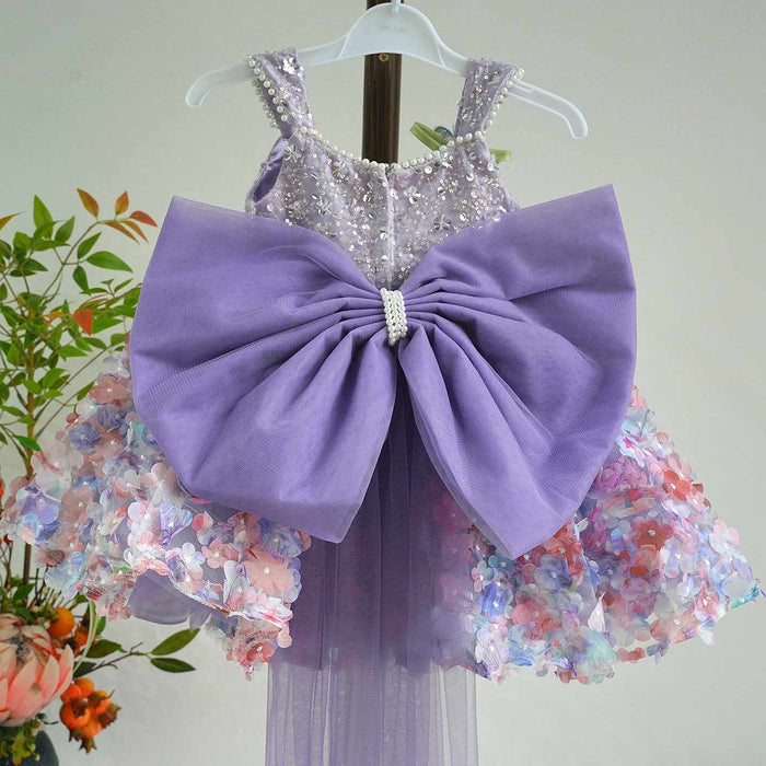 Luxury Purple Flower Girl Dress with Ombre Sequin Bodice 3D Floral Tulle Girls Pageant Gown with Long Train D285B