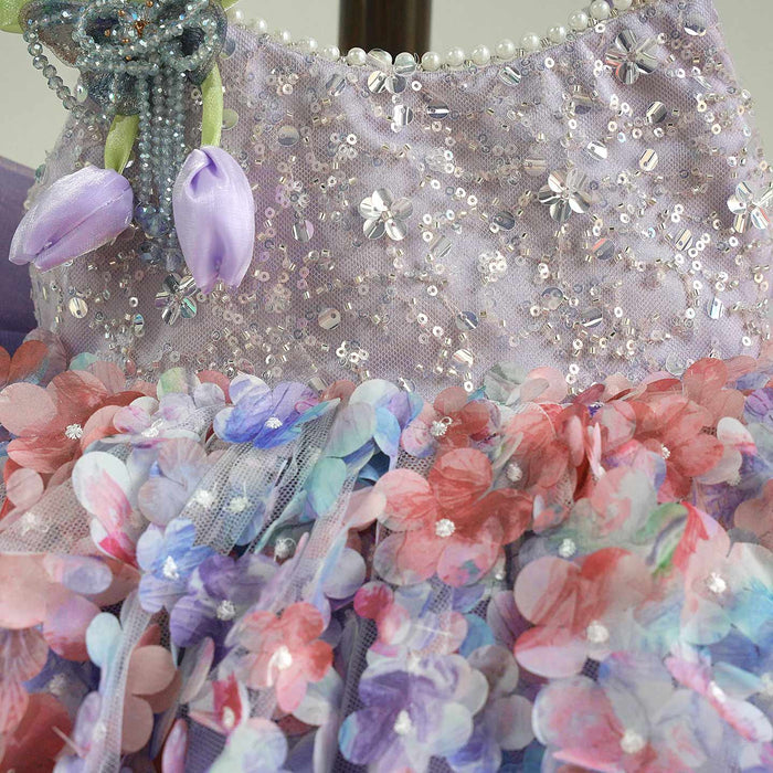 Luxury Purple Flower Girl Dress with Ombre Sequin Bodice 3D Floral Tulle Girls Pageant Gown with Long Train D285B