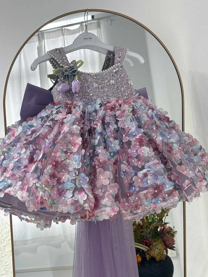 Luxury Purple Flower Girl Dress with Ombre Sequin Bodice 3D Floral Tulle Girls Pageant Gown with Long Train D285B