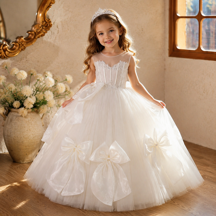 Luxury White Fairy Tale Princess Gown for Flower Girls with Elegant Bow Details D363