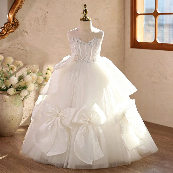 Luxury White Fairy Tale Princess Gown for Flower Girls with Elegant Bow Details D363