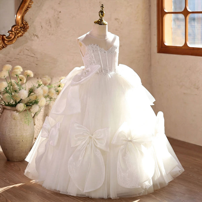 Luxury White Fairy Tale Princess Gown for Flower Girls with Elegant Bow Details D363