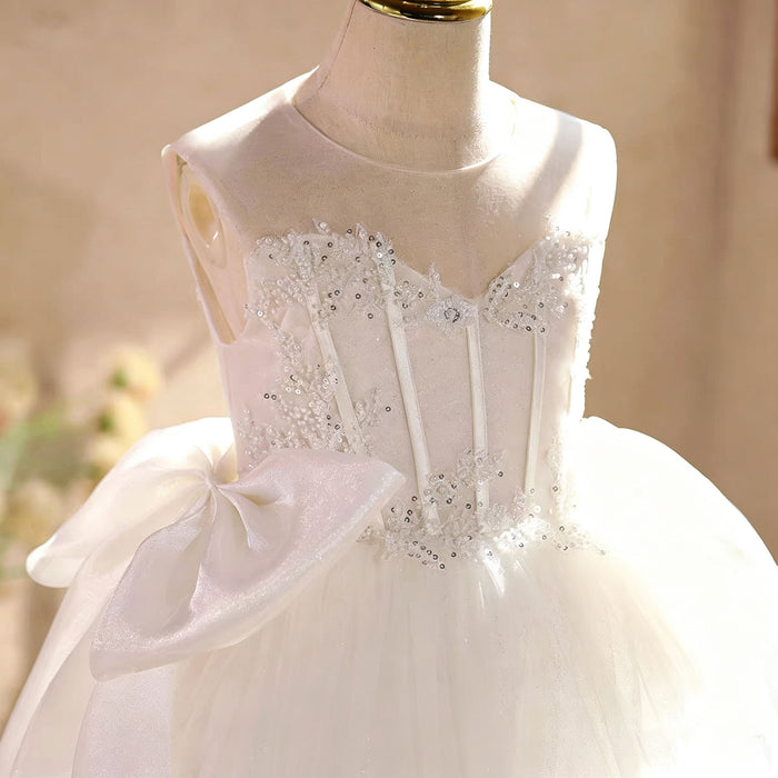 Luxury White Fairy Tale Princess Gown for Flower Girls with Elegant Bow Details D363