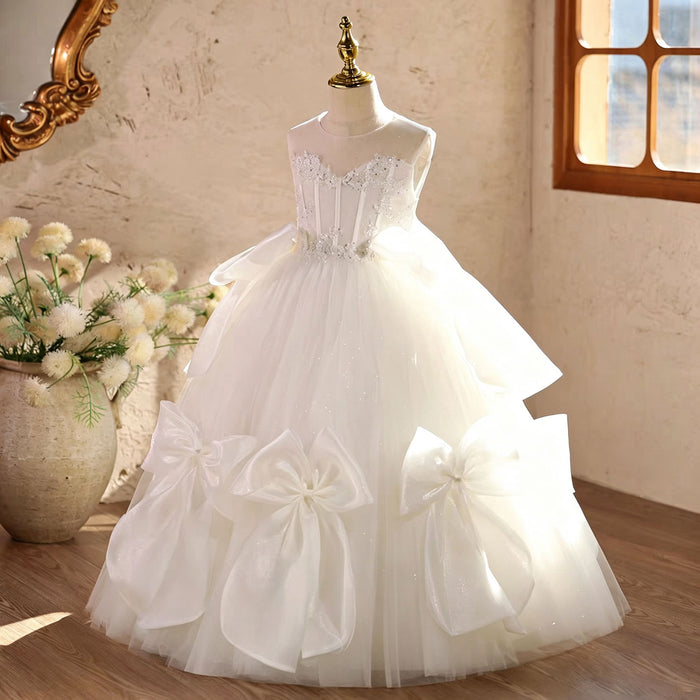 Luxury White Fairy Tale Princess Gown for Flower Girls with Elegant Bow Details D363