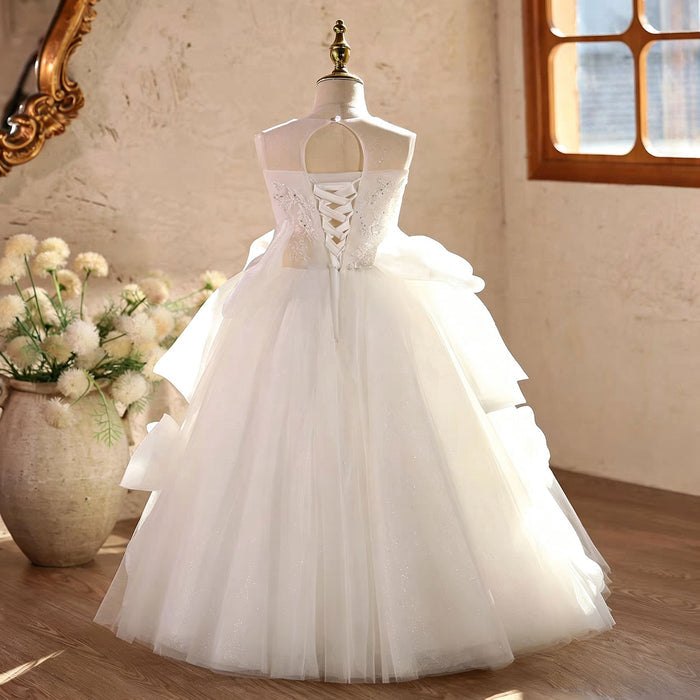 Luxury White Fairy Tale Princess Gown for Flower Girls with Elegant Bow Details D363