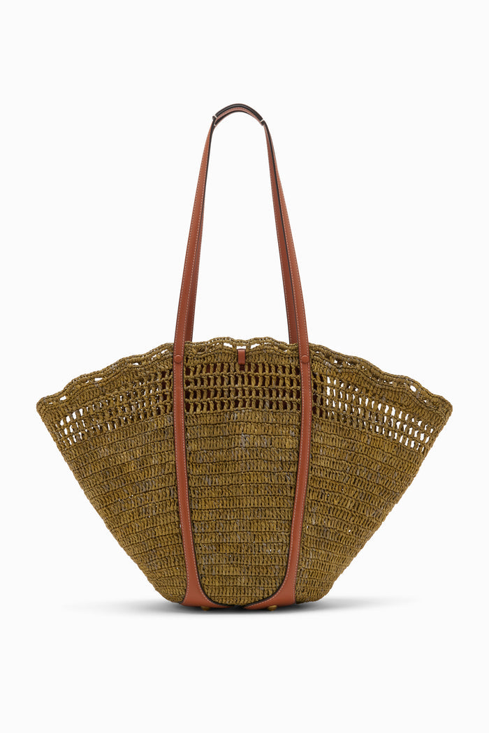Olive Hand-Crocheted Raffia Tote with Leather Handles - Front View | Ulla Johnson