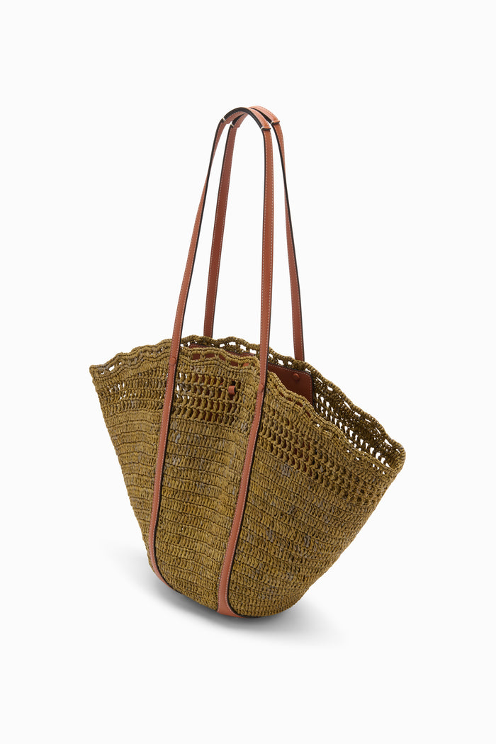 Olive Designer Raffia Tote with Scalloped Edge and Tan Leather Straps - Side Angle | Ulla Johnson
