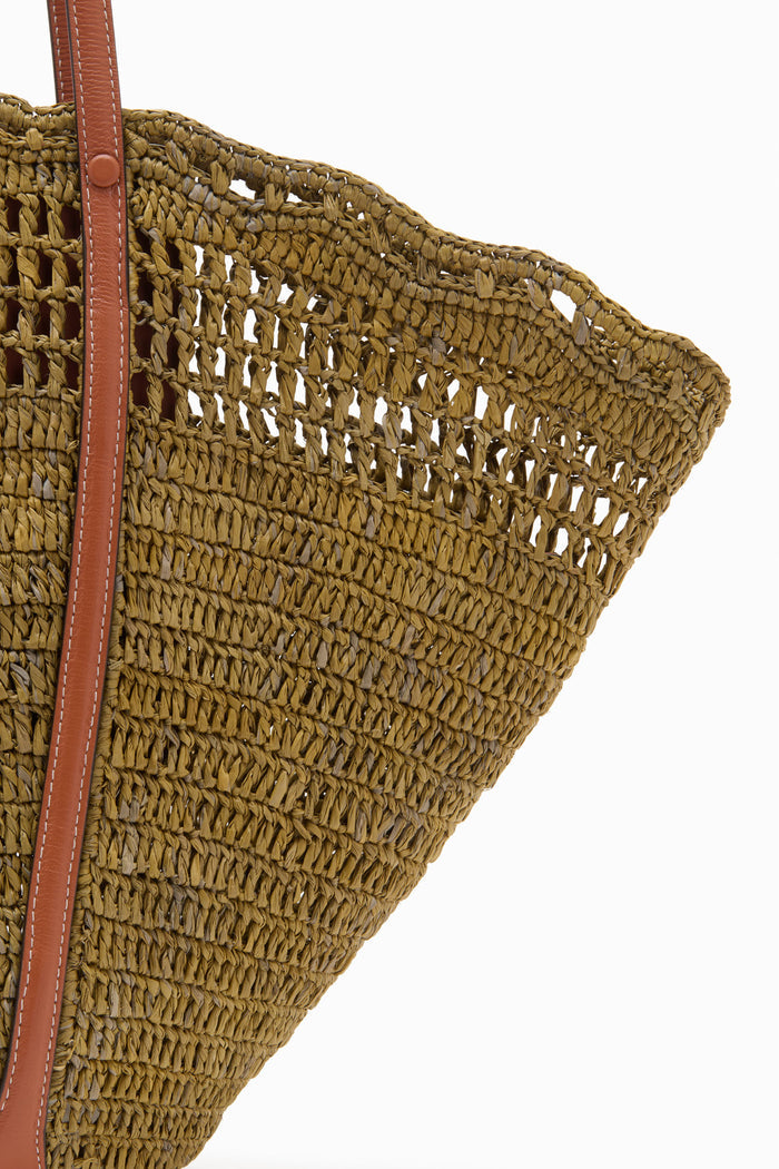 Olive Hand-Crocheted Raffia Tote - Close-Up Weave and Leather Handle Detail | Ulla Johnson