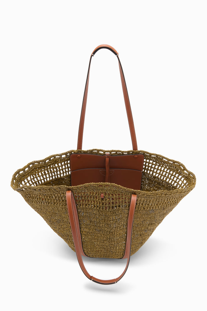 Olive Luxury Raffia Tote Interior View with Leather Pocket - Open Top Detail | Ulla Johnson