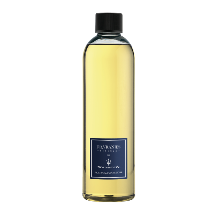 Eclectic Dr Vranjes Maserati diffuser refill bottle with golden fragrance oil and blue label on black background