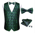 Men's Green Floral Silk Vest Bow tie Pocket square Cufflinks Set.MJ-2073 - SimonVon Shop