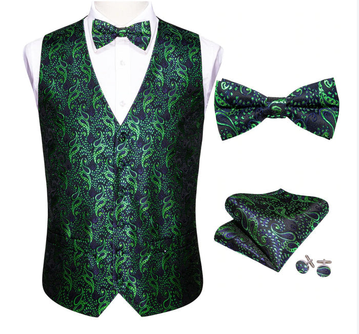 Men's Green Floral Silk Vest Bow tie Pocket square Cufflinks Set.MJ-2073 - SimonVon Shop