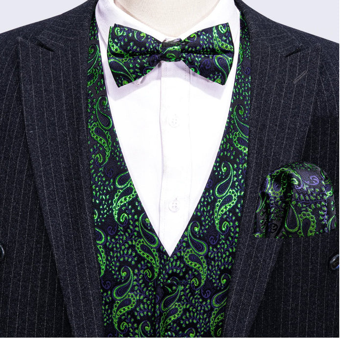 Men's Green Floral Silk Vest Bow tie Pocket square Cufflinks Set.MJ-2073 - SimonVon Shop