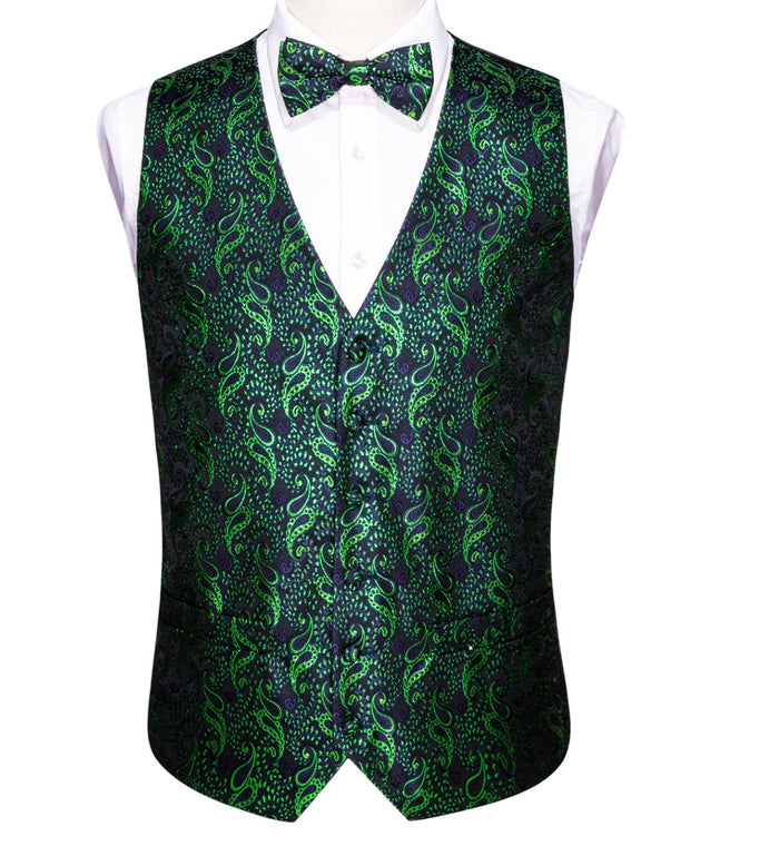 Men's Green Floral Silk Vest Bow tie Pocket square Cufflinks Set.MJ-2073 - SimonVon Shop