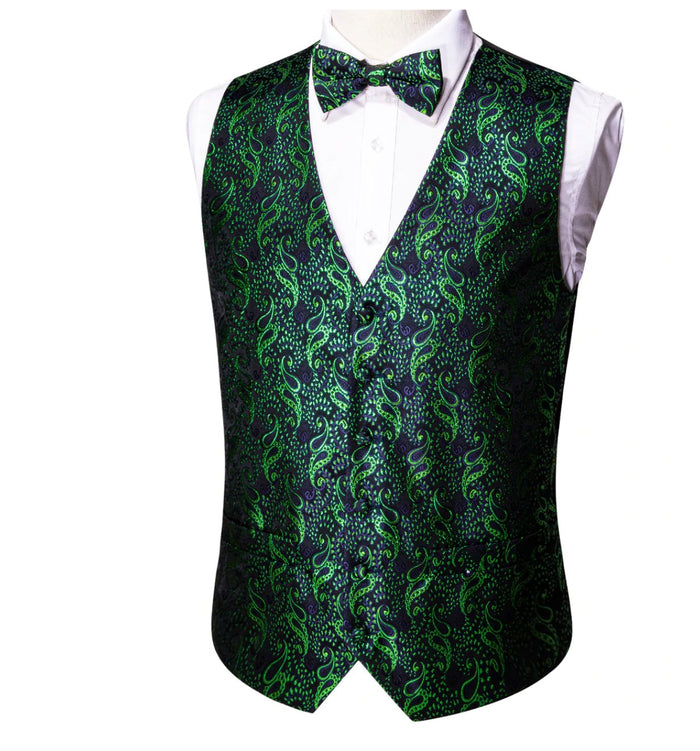 Men's Green Floral Silk Vest Bow tie Pocket square Cufflinks Set.MJ-2073 - SimonVon Shop