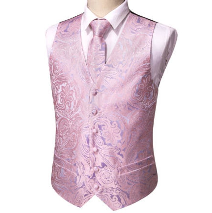 Men's Pink Paisley Silk Vest Necktie Pocket square Cufflinks - MJ-2067 - SimonVon Shop