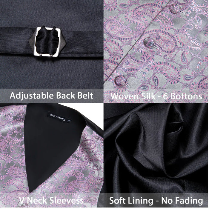 Men's Pink Silver Floral Silk Vest Necktie Pocket square Cufflinks-MJ-2520 - SimonVon Shop