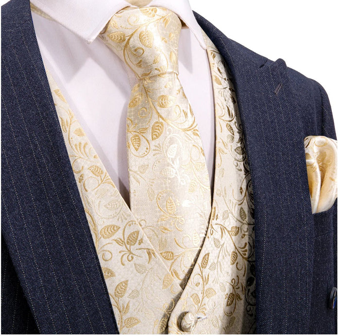 Men's Yellow Golden Floral Silk Vest Necktie Pocket square Cufflinks MJ-2058 - SimonVon Shop
