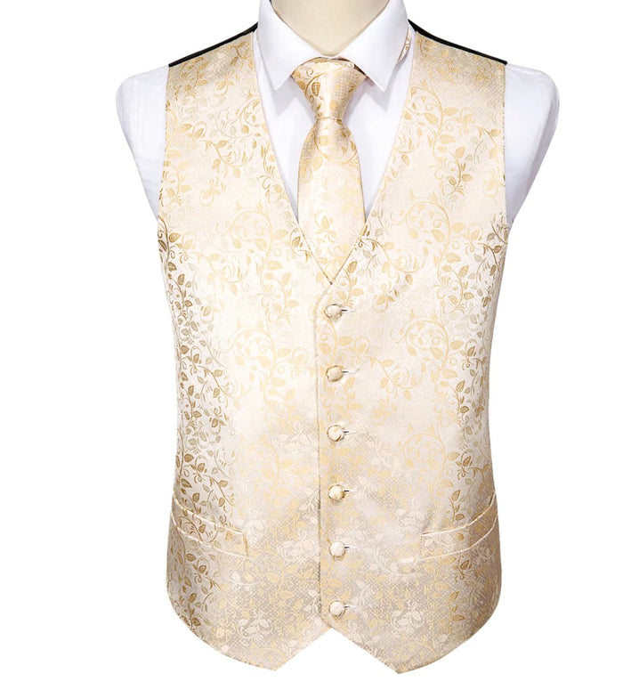 Men's Yellow Golden Floral Silk Vest Necktie Pocket square Cufflinks MJ-2058 - SimonVon Shop