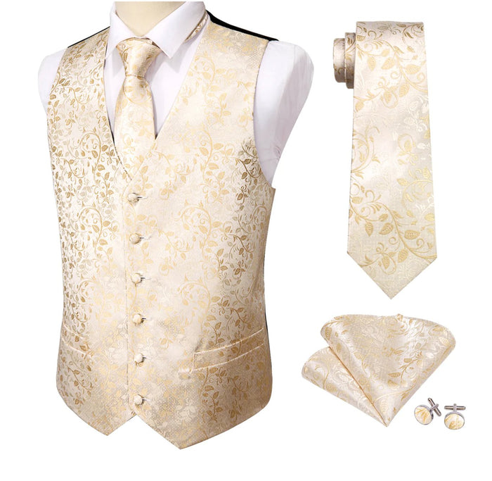 Men's Yellow Golden Floral Silk Vest Necktie Pocket square Cufflinks MJ-2058 - SimonVon Shop