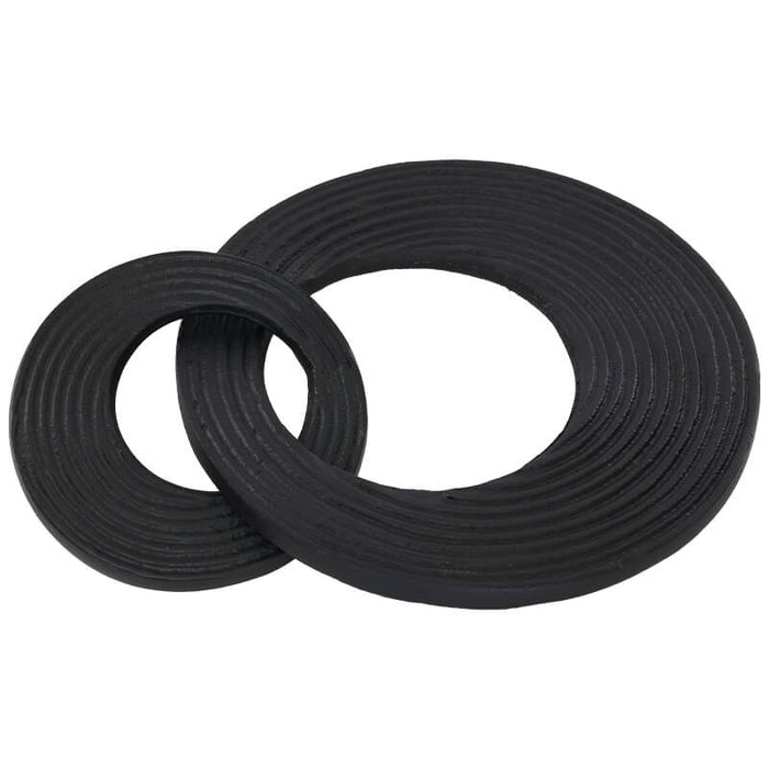 Eclectic metal ring decorative object set in matte black with textured circular interlocking forms for modern decor.