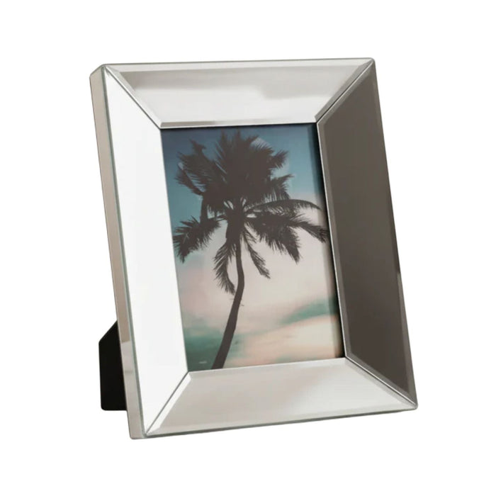 Eclectic mirrored photo frame with a bevelled edge design for 7x5 inch photos, featuring a sleek reflective finish.