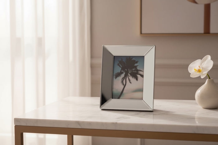Eclectic mirrored bevelled photo frame on a white marble table with a palm tree print inside.
