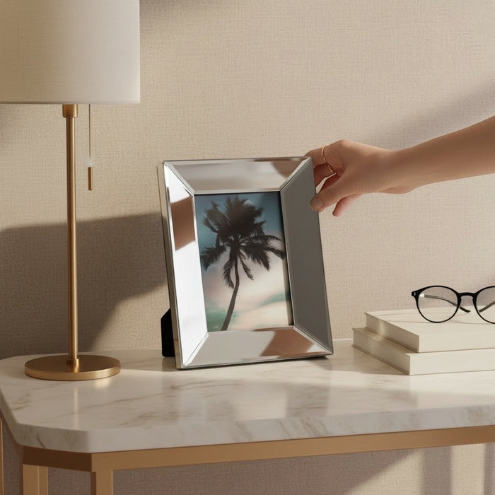 Eclectic mirrored bevelled photo frame on a marble console table with a hand adjusting the frame
