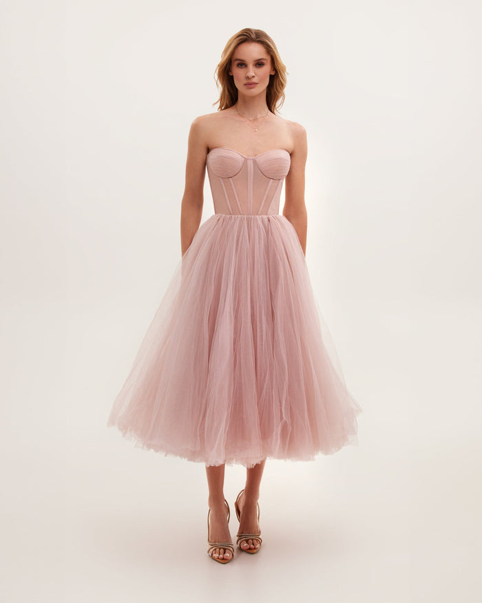 Misty Rose Strapless Puffy Midi Tulle Dress