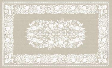 Eclectic natural beige linen-look tablecloth featuring an intricate white floral border and central botanical motif.