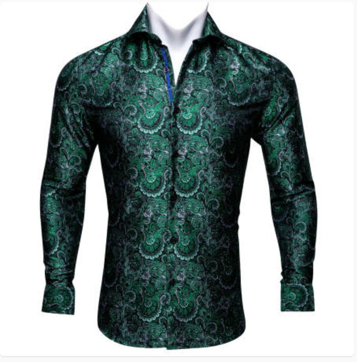 New Green Silk Paisley Tribal Long Sleeve Men's Shirt- CY-0045 - SimonVon Shop