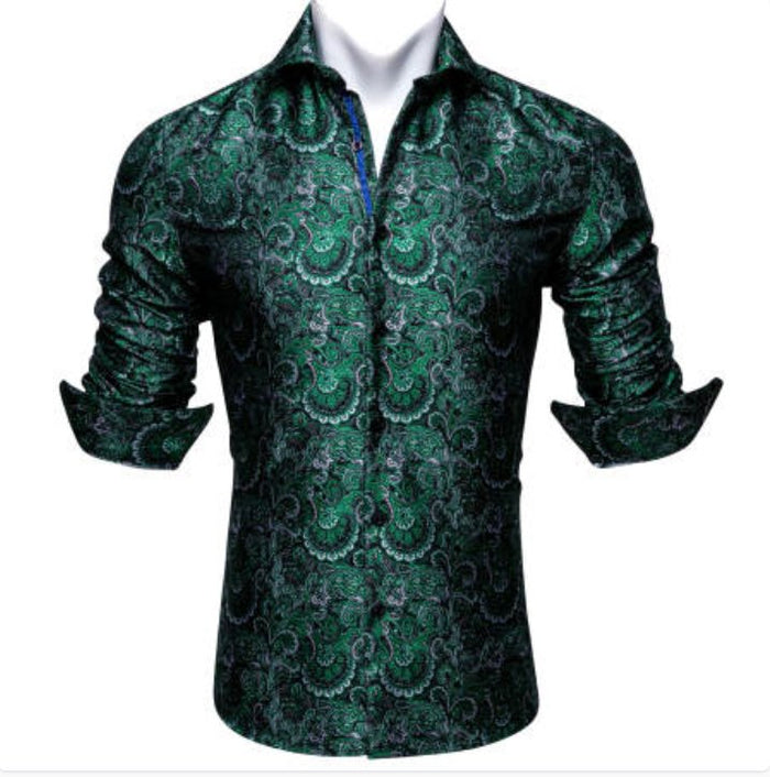 New Green Silk Paisley Tribal Long Sleeve Men's Shirt- CY-0045 - SimonVon Shop