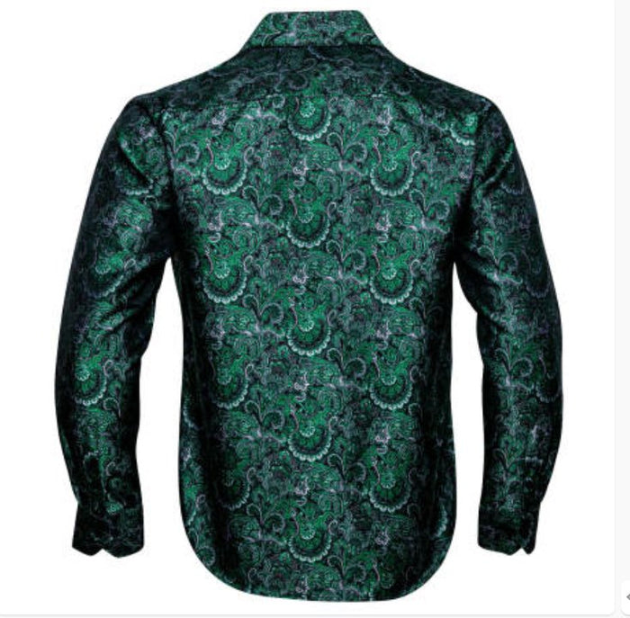 New Green Silk Paisley Tribal Long Sleeve Men's Shirt- CY-0045 - SimonVon Shop