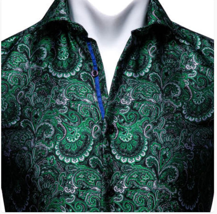New Green Silk Paisley Tribal Long Sleeve Men's Shirt- CY-0045 - SimonVon Shop