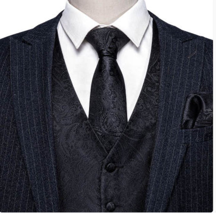 New Men's Black Paisley Silk Vest Necktie Pocket Square Cufflinks-MJ-2079 - SimonVon Shop