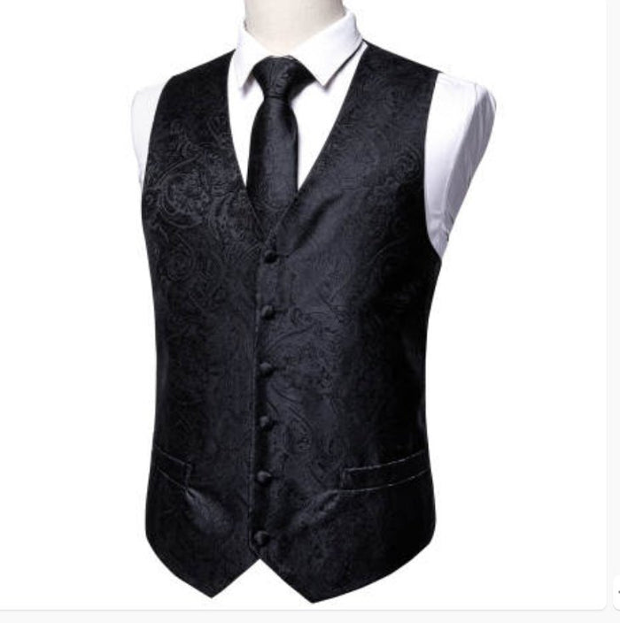 New Men's Black Paisley Silk Vest Necktie Pocket Square Cufflinks-MJ-2079 - SimonVon Shop
