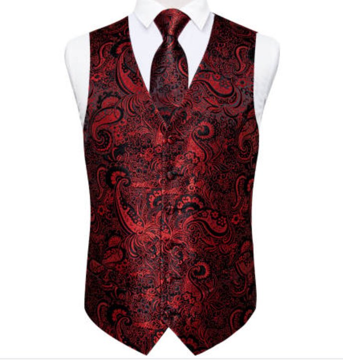New Men's Red Black Paisley Silk Vest Necktie Pocket Square Cufflinks - MJ-0127 - SimonVon Shop