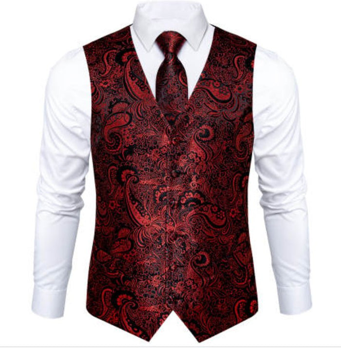 New Men's Red Black Paisley Silk Vest Necktie Pocket Square Cufflinks - MJ-0127 - SimonVon Shop