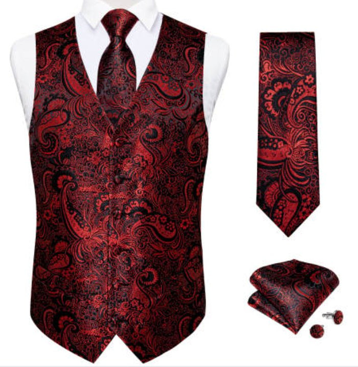 New Men's Red Black Paisley Silk Vest Necktie Pocket Square Cufflinks - MJ-0127 - SimonVon Shop