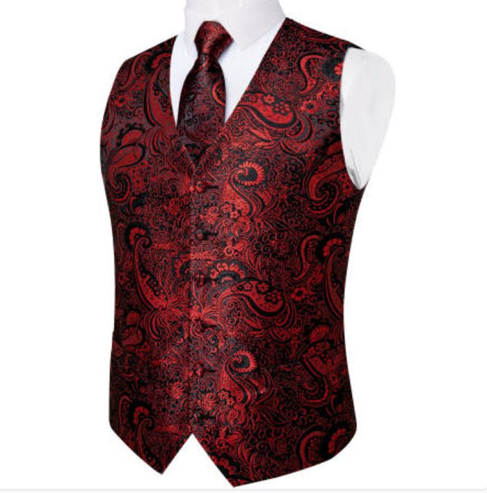 New Men's Red Black Paisley Silk Vest Necktie Pocket Square Cufflinks - MJ-0127 - SimonVon Shop