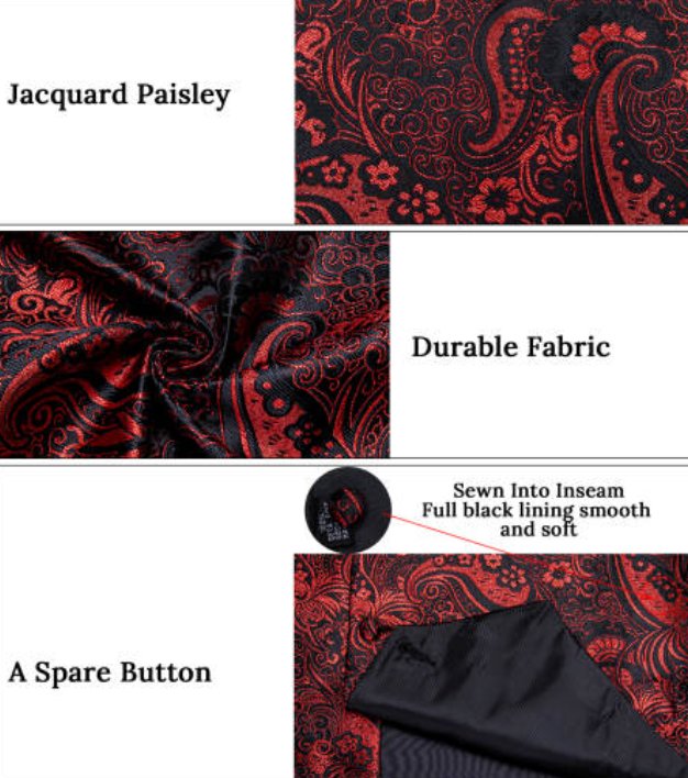 New Men's Red Black Paisley Silk Vest Necktie Pocket Square Cufflinks - MJ-0127 - SimonVon Shop