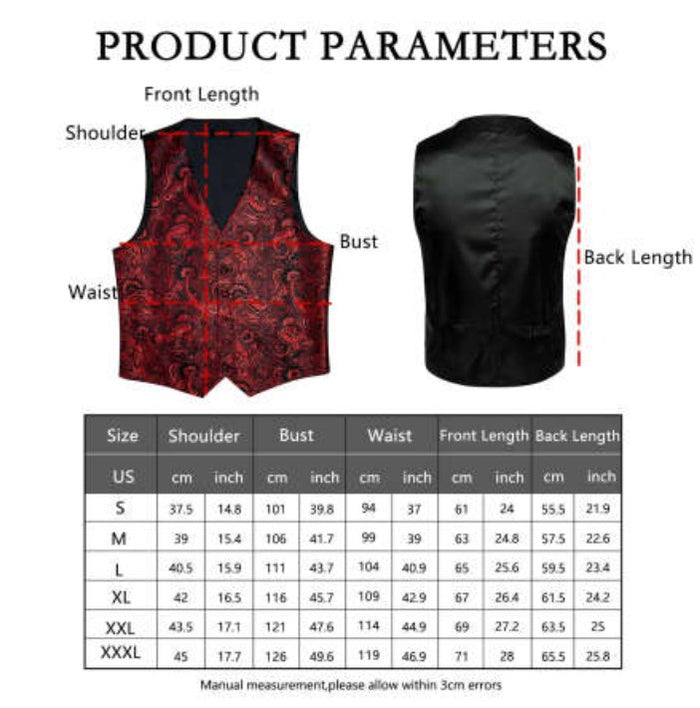 New Men's Red Black Paisley Silk Vest Necktie Pocket Square Cufflinks - MJ-0127 - SimonVon Shop