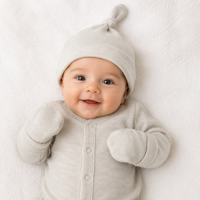 Eclectic newborn wearing a soft neutral knotted cotton hat and matching scratch mittens, smiling at the camera.