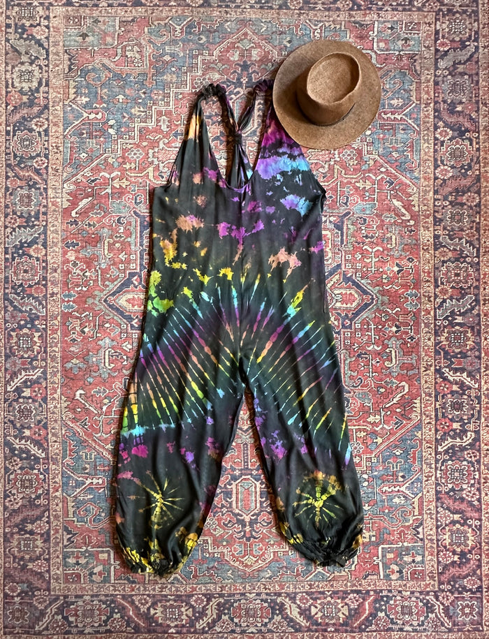 Ophelia Festival Season Tie Dye Jumpsuit / Overalls - Black/Rainbow - Final Sale