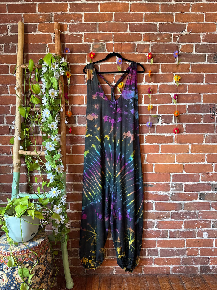 Ophelia Festival Season Tie Dye Jumpsuit / Overalls - Black/Rainbow - Final Sale
