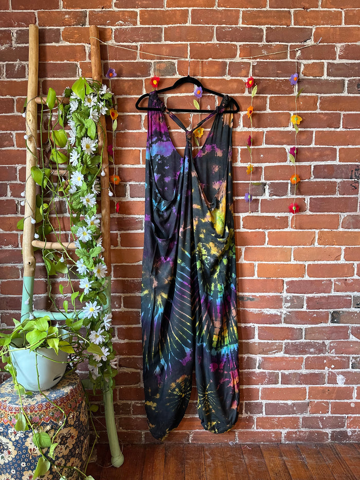 Ophelia Festival Season Tie Dye Jumpsuit / Overalls - Black/Rainbow - Final Sale
