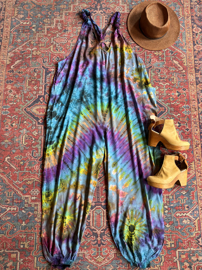 Ophelia Festival Season Tie Dye Jumpsuit / Overalls - Blue Rainbow - Final Sale