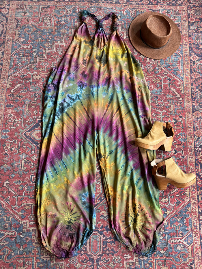 Ophelia Festival Season Tie Dye Jumpsuit / Overalls -Green Rainbow - Final Sale